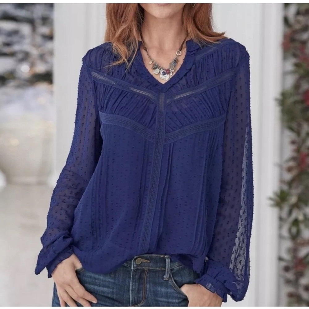 Sundance Navy Blue Clip Dot Lace Trim Ruffle V-Neck Blouse with Camisole Small